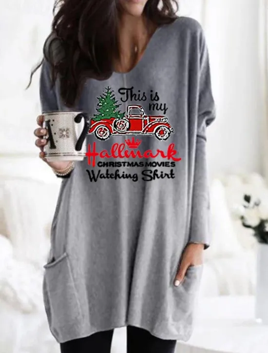 Hot Women's Mini Dress Casual Dress Shift Dress Casual Batwing Sleeve Christmas Festival Loose Fit Print Long Sleeve V Neck Blue Purple Orange Gray Fall Winter Women T Shirt Dresses