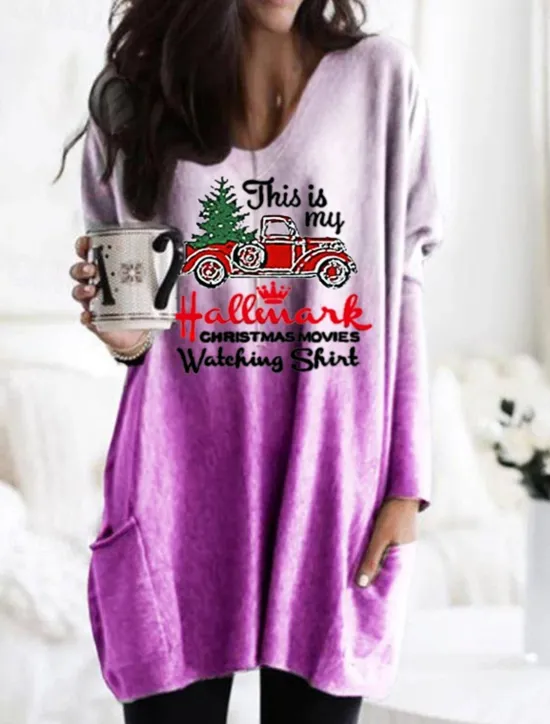 Hot Women's Mini Dress Casual Dress Shift Dress Casual Batwing Sleeve Christmas Festival Loose Fit Print Long Sleeve V Neck Blue Purple Orange Gray Fall Winter Women T Shirt Dresses