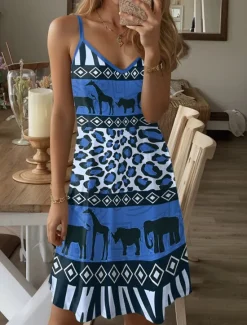 Women's Mini Dress Casual Dress Petite Dress Sundress Summer Dress Vintage Ethnic Sexy Vacation Street Holiday Regular Fit Leopard Tribal Sleeveless Strap V Neck Blue Purple Brown Green Women Sundresses