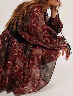 Outlet Women's Mini Dress Casual Dress Boho Dress Ethnic Casual Vacation Daily Regular Fit Floral Long Sleeve V Neck Wine Blue Green Spring Fall Women Spring Dresses
