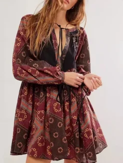 Outlet Women's Mini Dress Casual Dress Boho Dress Ethnic Casual Vacation Daily Regular Fit Floral Long Sleeve V Neck Wine Blue Green Spring Fall Women Spring Dresses