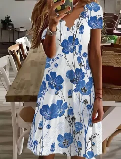 Online Women's Mini Dress Casual Dress Petite Dress Sundress Shift Dress Vacation Casual Outdoor Vacation Daily Regular Fit Floral Short Sleeve Sweetheart White Navy Blue Blue Summer Spring Women Casual Dress|Spring Dresses