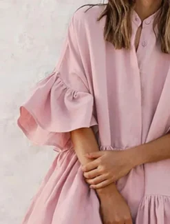 Outlet Women's Mini Dress Casual Dress Chiffon Dress Elegant Cute Stylish Flared Sleeve Vacation Daily Loose Fit Plain Short Sleeve Stand Collar Black White Pink Summer Spring Women Casual Dress