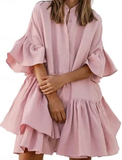 Outlet Women's Mini Dress Casual Dress Chiffon Dress Elegant Cute Stylish Flared Sleeve Vacation Daily Loose Fit Plain Short Sleeve Stand Collar Black White Pink Summer Spring Women Casual Dress