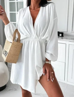 Best Women's Mini Dress Casual Dress A Line Dress Elegant Stylish Casual Vacation Daily Regular Fit Plain Long Sleeve V Neck Black White Red Khaki Spring Fall Women White Dresses