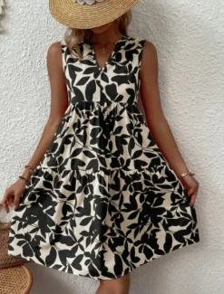 Sale Women's Mini Dress Casual Dress Tank Dress Stylish Casual Vacation Daily Regular Fit Leaf Sleeveless Notched Neck Black Navy Blue Orange Green Summer Women Spring Dresses|T Shirt Dresses