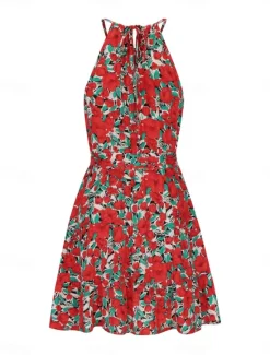 Outlet Women's Mini Dress Casual Dress A Line Dress Stylish Casual Vacation Daily Regular Fit Floral Sleeveless Halter Neck Red Purple Summer Women Spring Dresses