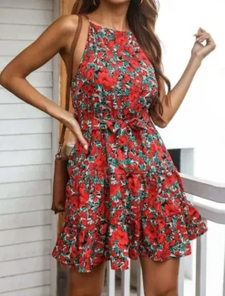 Outlet Women's Mini Dress Casual Dress A Line Dress Stylish Casual Vacation Daily Regular Fit Floral Sleeveless Halter Neck Red Purple Summer Women Spring Dresses