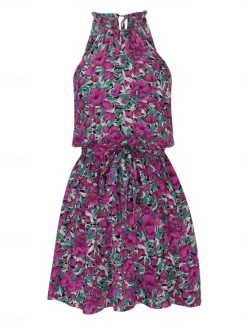 Outlet Women's Mini Dress Casual Dress A Line Dress Stylish Casual Vacation Daily Regular Fit Floral Sleeveless Halter Neck Red Purple Summer Women Spring Dresses
