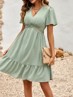 Discount Women's Mini Dress Casual Dress A Line Dress Stylish Basic Casual Vacation Daily Regular Fit Plain Short Sleeve V Neck Light Green Red Summer Spring Women Casual Dress