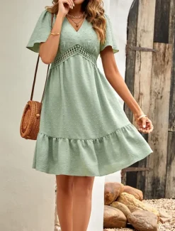 Discount Women's Mini Dress Casual Dress A Line Dress Stylish Basic Casual Vacation Daily Regular Fit Plain Short Sleeve V Neck Light Green Red Summer Spring Women Casual Dress