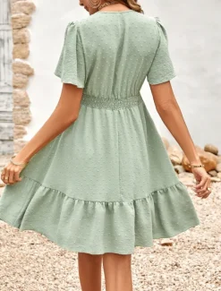 Discount Women's Mini Dress Casual Dress A Line Dress Stylish Basic Casual Vacation Daily Regular Fit Plain Short Sleeve V Neck Light Green Red Summer Spring Women Casual Dress