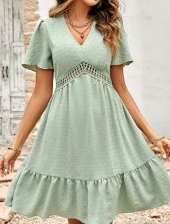 Discount Women's Mini Dress Casual Dress A Line Dress Stylish Basic Casual Vacation Daily Regular Fit Plain Short Sleeve V Neck Light Green Red Summer Spring Women Casual Dress
