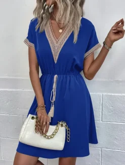 Sale Women's Mini Dress Casual Dress A Line Dress Stylish Basic Casual Vacation Daily Regular Fit Plain Short Sleeve V Neck Blue Summer Spring Women Casual Dress