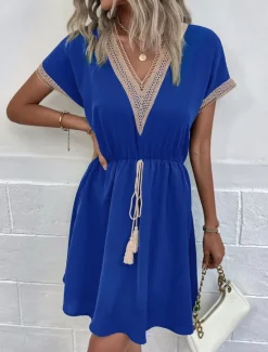 Sale Women's Mini Dress Casual Dress A Line Dress Stylish Basic Casual Vacation Daily Regular Fit Plain Short Sleeve V Neck Blue Summer Spring Women Casual Dress