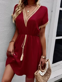 Sale Women's Mini Dress Casual Dress A Line Dress Stylish Basic Casual Vacation Daily Regular Fit Plain Short Sleeve V Neck Blue Summer Spring Women Casual Dress