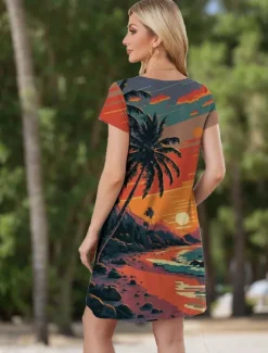 New Women's Mini Dress Casual Dress Petite Dress T Shirt Dress Tee Dress Shift Dress Party Stylish Boho Vacation Party Casual Loose Fit Tropical Short Sleeve V Neck Spring Fall Women T Shirt Dresses