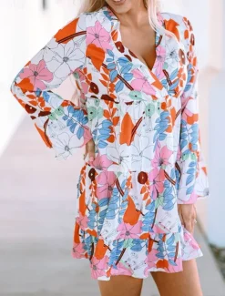 New Women's Mini Dress Casual Dress Floral Dress Summer Dress Stylish Casual Vacation Daily Date Regular Fit Floral Long Sleeve V Neck Summer Women Spring Dresses|Floral Dresses