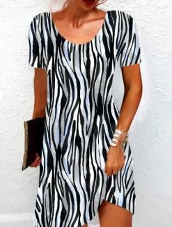 New Women's Mini Dress Casual Dress T Shirt Dress Tee Dress Sundress A Line Dress Stylish Casual Holiday Beach Regular Fit Graphic Stripe Short Sleeve Crew Neck Summer Spring Women T Shirt Dresses