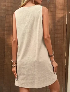 Clearance Women's Mini Dress Casual Dress Cotton Linen Dress Tank Dress Basic Casual Vacation Daily Regular Fit Plain Sleeveless U Neck Army Green Beige Summer Spring Women Dresses