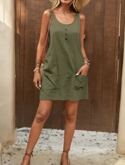 Clearance Women's Mini Dress Casual Dress Cotton Linen Dress Tank Dress Basic Casual Vacation Daily Regular Fit Plain Sleeveless U Neck Army Green Beige Summer Spring Women Dresses