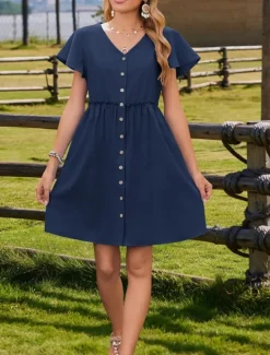 Clearance Women's Mini Dress Casual Dress A Line Dress Basic Casual Vacation Daily Regular Fit Plain Short Sleeve V Neck Black Navy Blue Green Khaki Summer Women Casual Dress