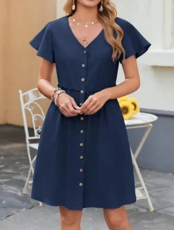 Clearance Women's Mini Dress Casual Dress A Line Dress Basic Casual Vacation Daily Regular Fit Plain Short Sleeve V Neck Black Navy Blue Green Khaki Summer Women Casual Dress