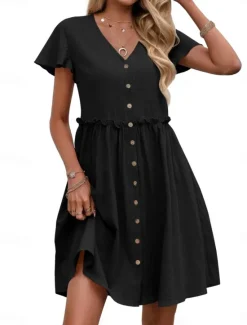 Clearance Women's Mini Dress Casual Dress A Line Dress Basic Casual Vacation Daily Regular Fit Plain Short Sleeve V Neck Black Navy Blue Green Khaki Summer Women Casual Dress