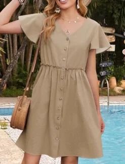 Clearance Women's Mini Dress Casual Dress A Line Dress Basic Casual Vacation Daily Regular Fit Plain Short Sleeve V Neck Black Navy Blue Green Khaki Summer Women Casual Dress