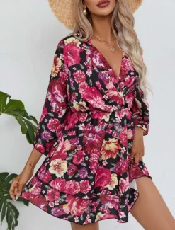 Women's Mini Dress Casual Dress A Line Dress Stylish Casual Vacation Daily Regular Fit Floral 3/4 Length Sleeve V Neck Black Red Summer Spring Women Spring Dresses