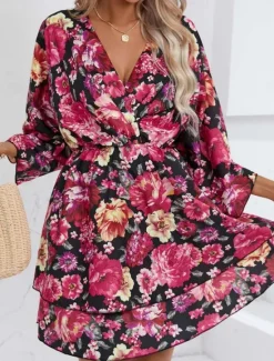 Women's Mini Dress Casual Dress A Line Dress Stylish Casual Vacation Daily Regular Fit Floral 3/4 Length Sleeve V Neck Black Red Summer Spring Women Spring Dresses