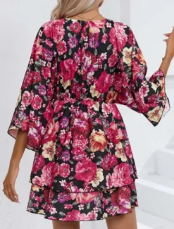 Women's Mini Dress Casual Dress A Line Dress Stylish Casual Vacation Daily Regular Fit Floral 3/4 Length Sleeve V Neck Black Red Summer Spring Women Spring Dresses