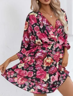 Women's Mini Dress Casual Dress A Line Dress Stylish Casual Vacation Daily Regular Fit Floral 3/4 Length Sleeve V Neck Black Red Summer Spring Women Spring Dresses