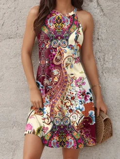 Discount Women's Mini Dress Casual Dress Petite Dress Sundress Summer Dress Casual Vacation Daily Cocktail Party Regular Fit Paisley Sleeveless Halter Neck Summer Women T Shirt Dresses