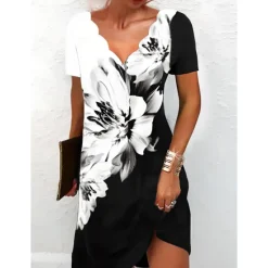 New Women's Mini Dress Casual Dress Petite Dress Sundress Shift Dress Fashion Stylish Basic Vacation Daily Date Regular Fit Floral Short Sleeve Sweetheart Black And White Black White Red Women Casual Dress