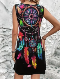 Outlet Women's Mini Dress Casual Dress Tank Dress Boho Dress Bohemia Vacation Vintage Vacation Daily Regular Fit Feather Sleeveless Crew Neck Black Purple Summer Women T Shirt Dresses