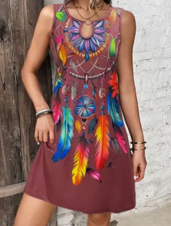 Outlet Women's Mini Dress Casual Dress Tank Dress Boho Dress Bohemia Vacation Vintage Vacation Daily Regular Fit Feather Sleeveless Crew Neck Black Purple Summer Women T Shirt Dresses