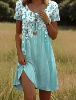 New Women's Mini Dress Casual Dress Petite Dress T Shirt Dress Tee Dress Sundress Casual Vacation Casual Daily Regular Fit Floral Short Sleeve Crew Neck Pink Green Summer Women T Shirt Dresses