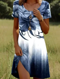 Women's Mini Dress Casual Dress T Shirt Dress Tee Dress Sundress A Line Dress Stylish Casual Beach Regular Fit Ombre Floral Graphic Short Sleeve Crew Neck Scoop Neck Dusty Blue Light Blue Summer Women T Shirt Dresses