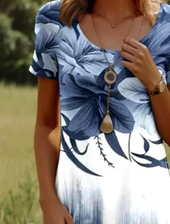 Women's Mini Dress Casual Dress T Shirt Dress Tee Dress Sundress A Line Dress Stylish Casual Beach Regular Fit Ombre Floral Graphic Short Sleeve Crew Neck Scoop Neck Dusty Blue Light Blue Summer Women T Shirt Dresses
