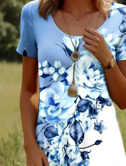 Women's Mini Dress Casual Dress T Shirt Dress Tee Dress Sundress A Line Dress Stylish Casual Beach Regular Fit Ombre Floral Graphic Short Sleeve Crew Neck Scoop Neck Dusty Blue Light Blue Summer Women T Shirt Dresses