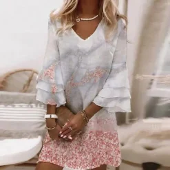 Best Women's Mini Dress Casual Dress Semi Formal Dress Petite Dress Sundress Elegant Vacation Basic Ruffle Sleeve Outdoor Vacation Daily Regular Fit Floral 3/4 Length Sleeve V Neck Pink Blue Women Spring Dresses|Work Dresses