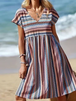Women's Mini Dress Casual Dress A Line Dress Stylish Casual Vacation Daily Regular Fit Stripe Short Sleeve V Neck Summer Women Vacation Dresses