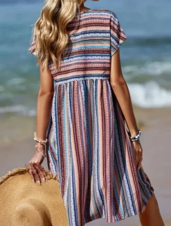 Women's Mini Dress Casual Dress A Line Dress Stylish Casual Vacation Daily Regular Fit Stripe Short Sleeve V Neck Summer Women Vacation Dresses