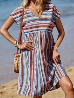 Women's Mini Dress Casual Dress A Line Dress Stylish Casual Vacation Daily Regular Fit Stripe Short Sleeve V Neck Summer Women Vacation Dresses