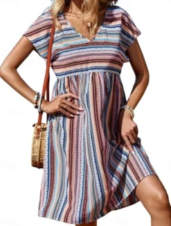 Women's Mini Dress Casual Dress A Line Dress Stylish Casual Vacation Daily Regular Fit Stripe Short Sleeve V Neck Summer Women Vacation Dresses