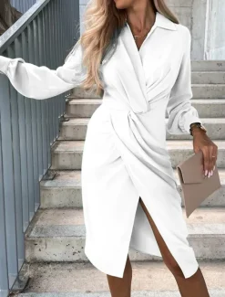 Women's Mini Dress Casual Dress Summer Dress Stylish Casual Vacation Daily Date Regular Fit Plain Long Sleeve Lapel Black White Green Summer Spring Women Work Dresses