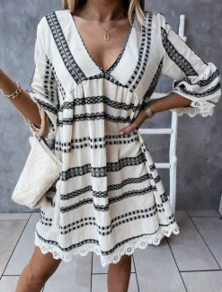 Sale Women's Mini Dress Casual Dress Long Sleeve Boho Dress Summer Dress Bohemia Vacation Holiday Loose Fit Geometric Color Block V Neck Black Apricot Summer Women Floral Dresses