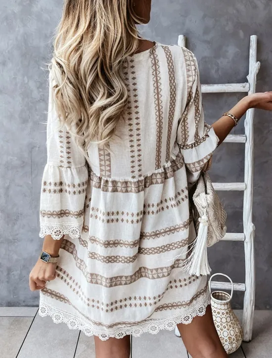 Sale Women's Mini Dress Casual Dress Long Sleeve Boho Dress Summer Dress Bohemia Vacation Holiday Loose Fit Geometric Color Block V Neck Black Apricot Summer Women Floral Dresses
