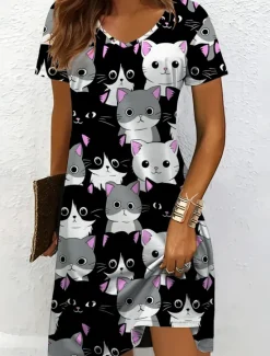Online Women's Mini Dress Casual Dress T Shirt Dress Tee Dress A Line Dress Summer Dress Vacation Casual Holiday Regular Fit Graphic Animal Cat Short Sleeve Crew Neck V Neck Black And White Yellow Pink Blue Women T Shirt Dresses